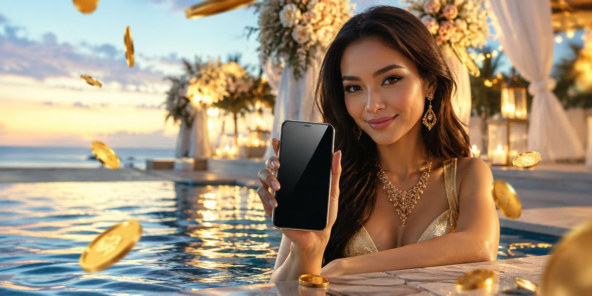 Pengguna mengakses aplikasi kasino di tepi pantai dengan koneksi seluler